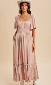 Lilith Tea Rose Swiss Dot Flutter Sleeve Maxi