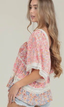 Arella Pink Floral Lace Trim Twin Print Short Sleeve Blouse