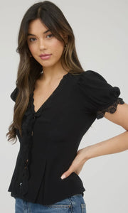 Lara Black Lace Trim Button Down Puff Sleeve Blouse