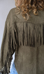 Moon Olive Fringe Detailed Suede Shirt