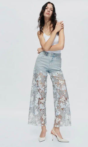 Emmett High Rise Wide Leg Jeans with Lace Spliced