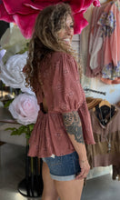 Nora Desert Rose Tie Back Embroidered Bubble Sleeve Peplum Top