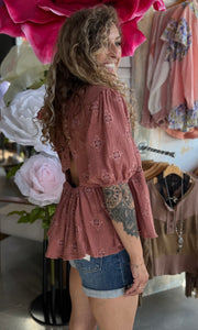 Nora Desert Rose Tie Back Embroidered Bubble Sleeve Peplum Top