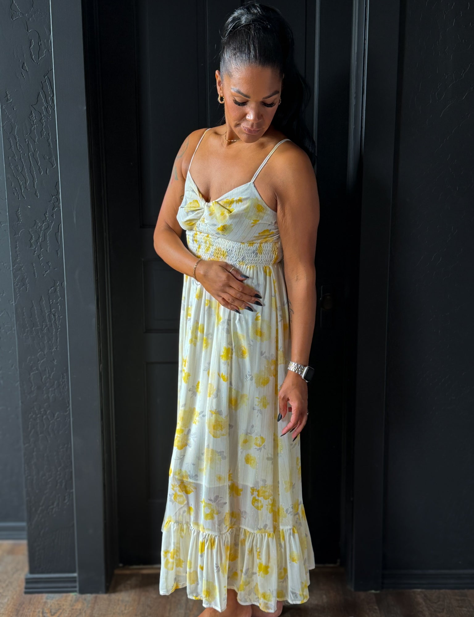 Honey Twist Adorn Neckline Midi Dress