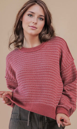 Mia Mauve Two Tone Textured Knit Casual Sweater Top