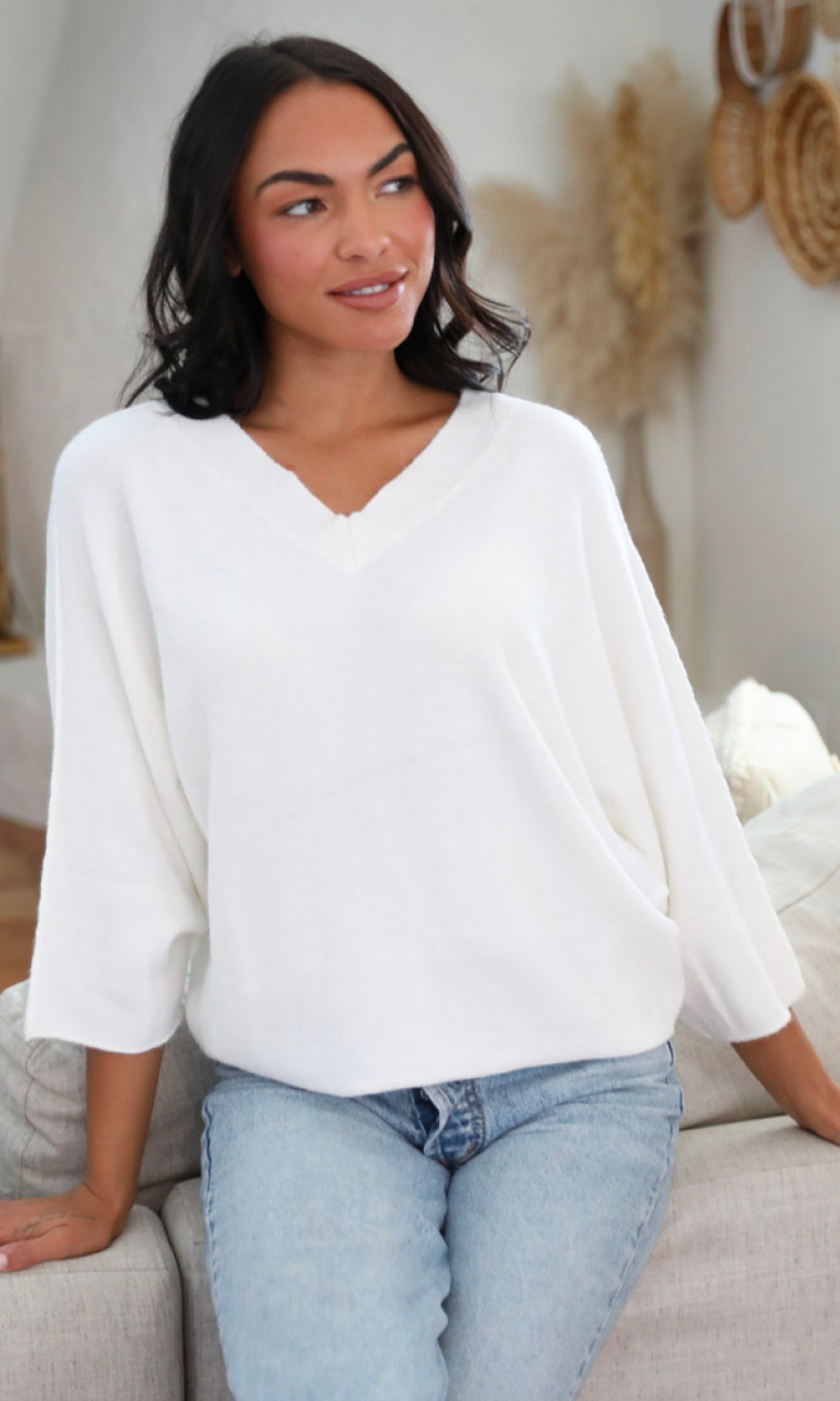 Coco Ivory V Neck Dolman Sleeve Pullover Sweater