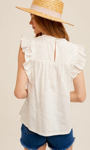 Evelyn Eyelet Yoke Ruffles Detail Cap Sleeves Mixed Top