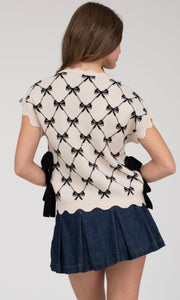 Enola Cream  Bow Pattern Short Sleeve Side Tie Knot