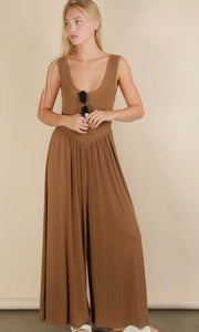 Maria Chocolate Casual Ribbed Knit Sleeveless Jumpsuit