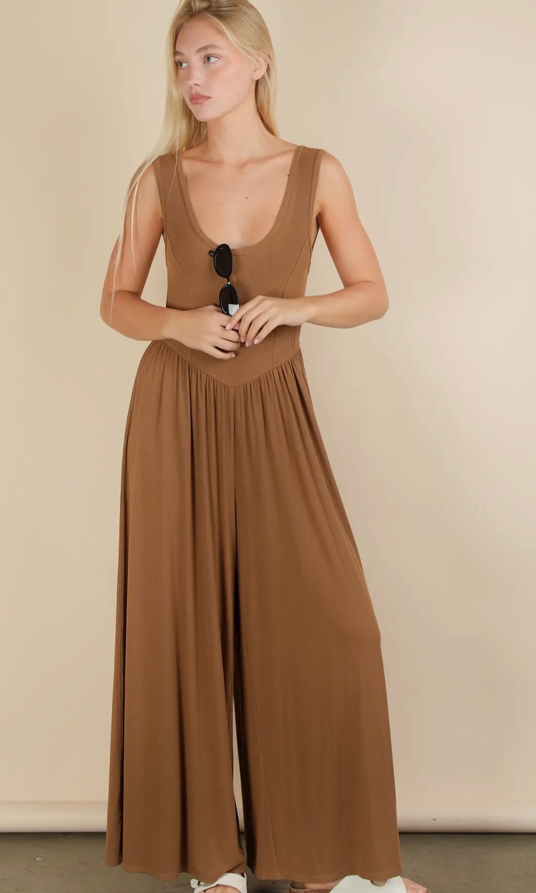 Maria Chocolate Casual Ribbed Knit Sleeveless Jumpsuit