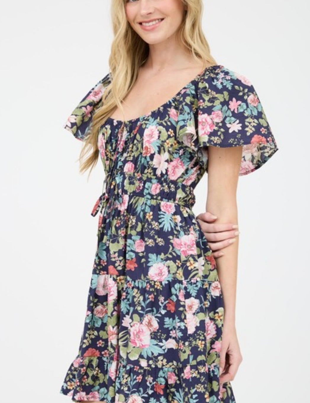 Gyuri Navy Floral Front Tie Scoop Neck Tiered Mini Dress
