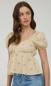 Lia Cream Embroidered Daisy Puff Sleeve Pleated Blouse