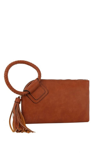 Etty Brown Braided Ring Handle Wristlet Clutch