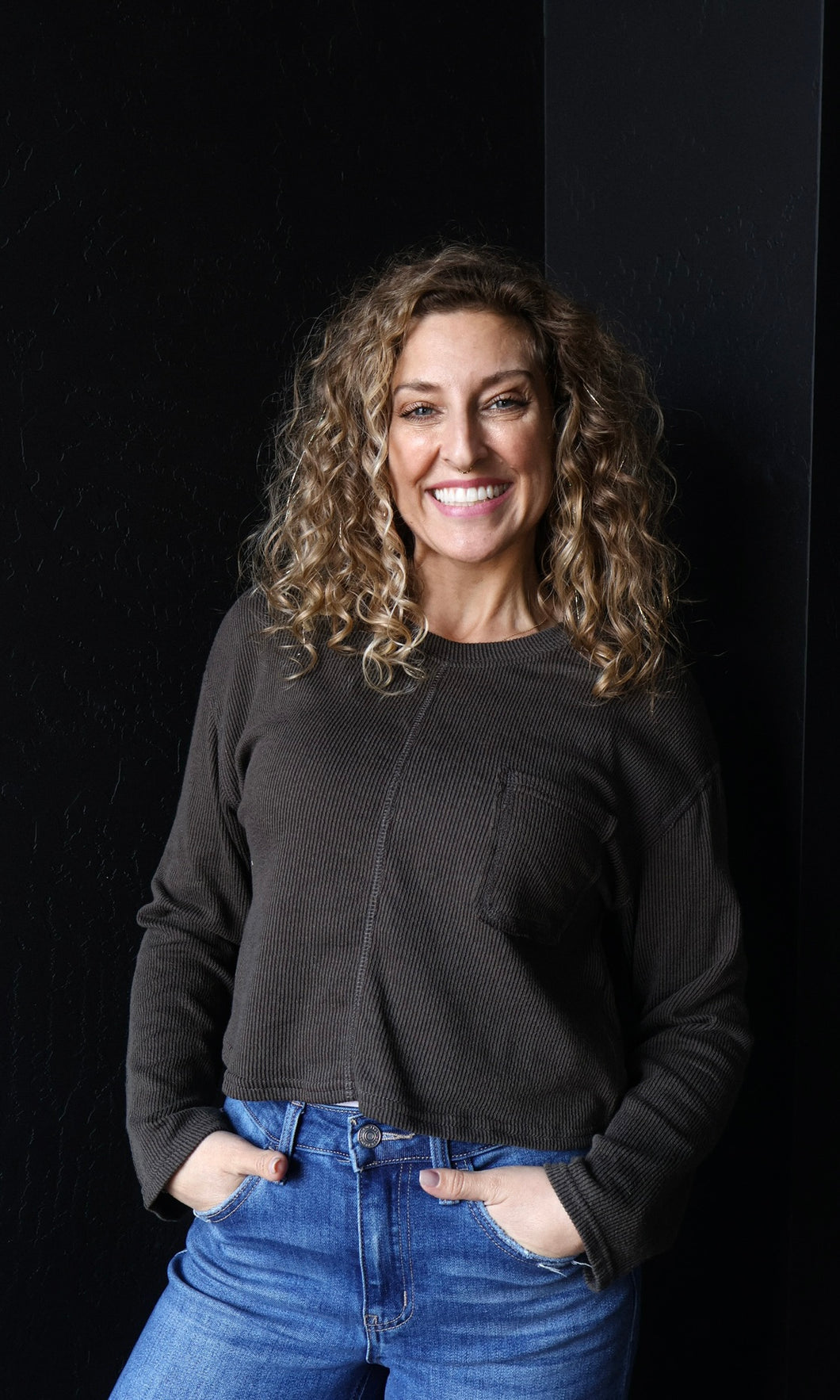 Nova Charcoal Crewneck Long Sleeve Ribbed Knit Top