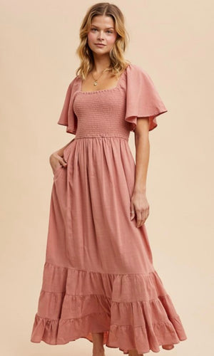 Faith Desert Rose Smocked Cotton Flutter Sleeve Maxi Dress