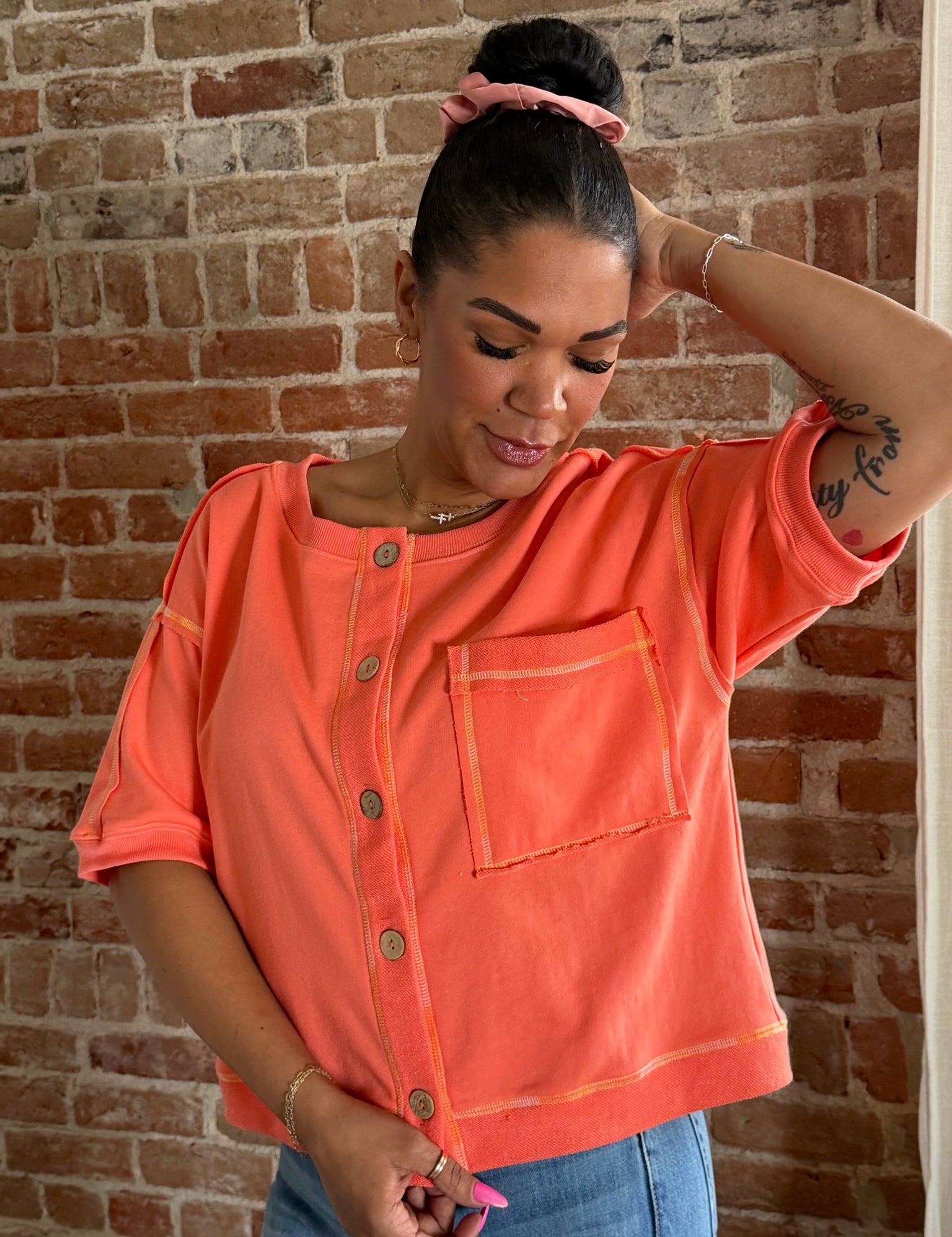 Kiera Round Neck Button Front Short Sleeve Sweatshirt