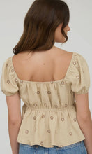 Lia Cream Embroidered Daisy Puff Sleeve Pleated Blouse