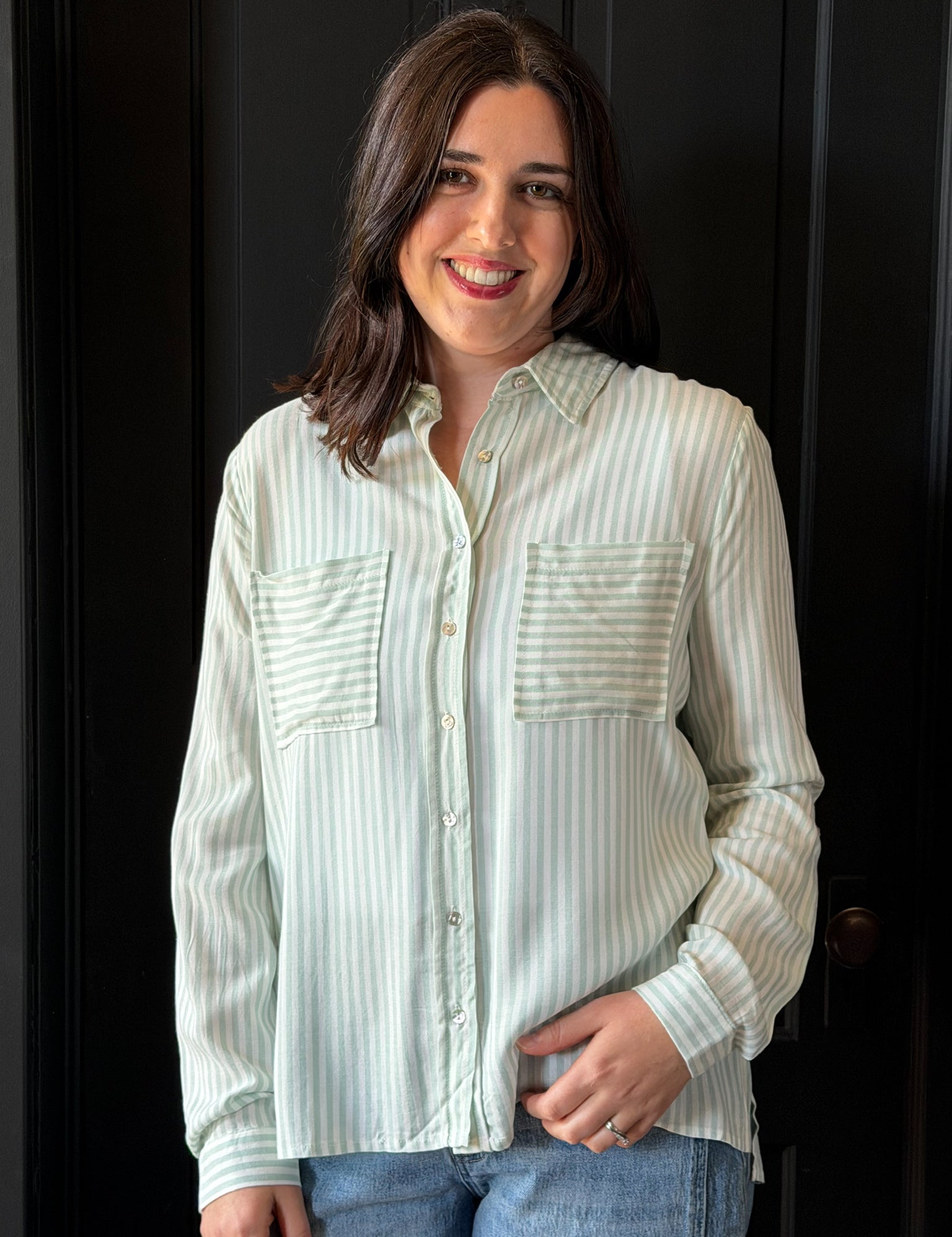 Kaylee Striped Roll Up Long Sleeve Button Down Shirt