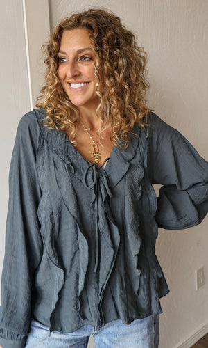 Maurice Slate V-neck Ruffle Long Sleeve Blouse