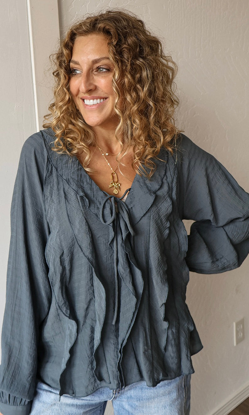 Maurice Slate V-neck Ruffle Long Sleeve Blouse