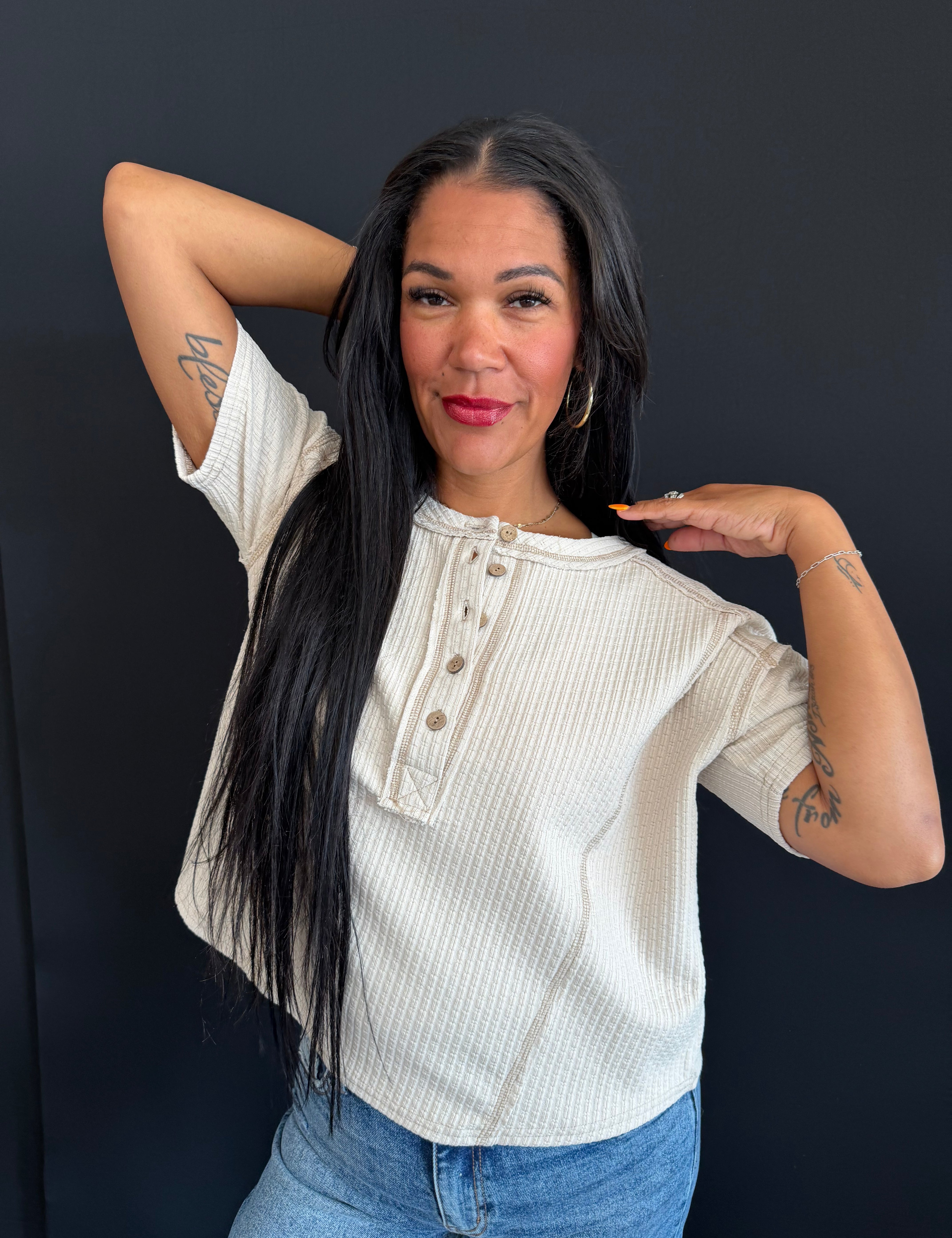 Talia Textured Knit Short Sleeve Henley Knit Top