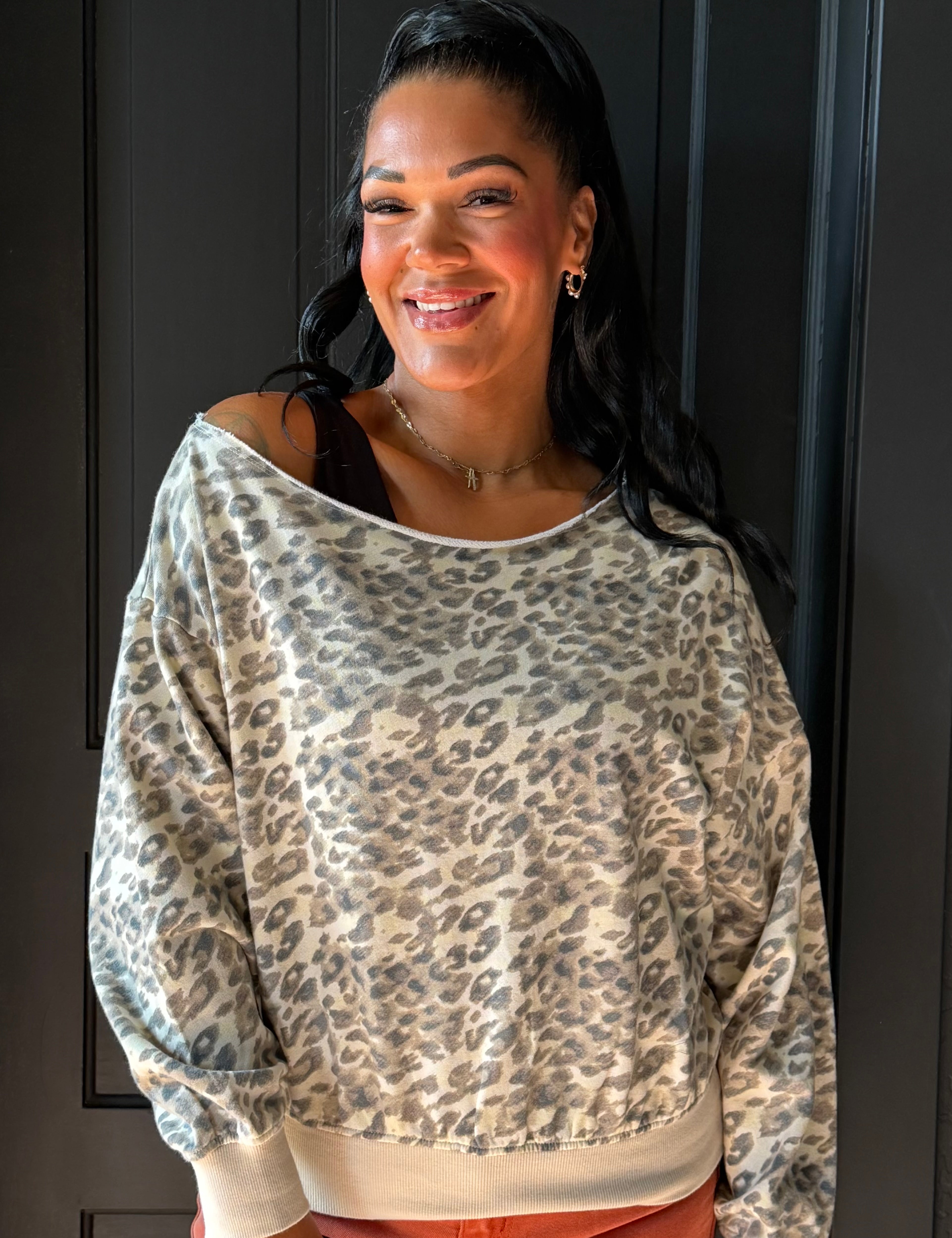 Danica Brown Animal Print French Terry Off Shoulder Top