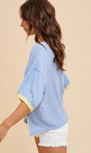 Farah Blue Linen Blend Striped Contrast Tee