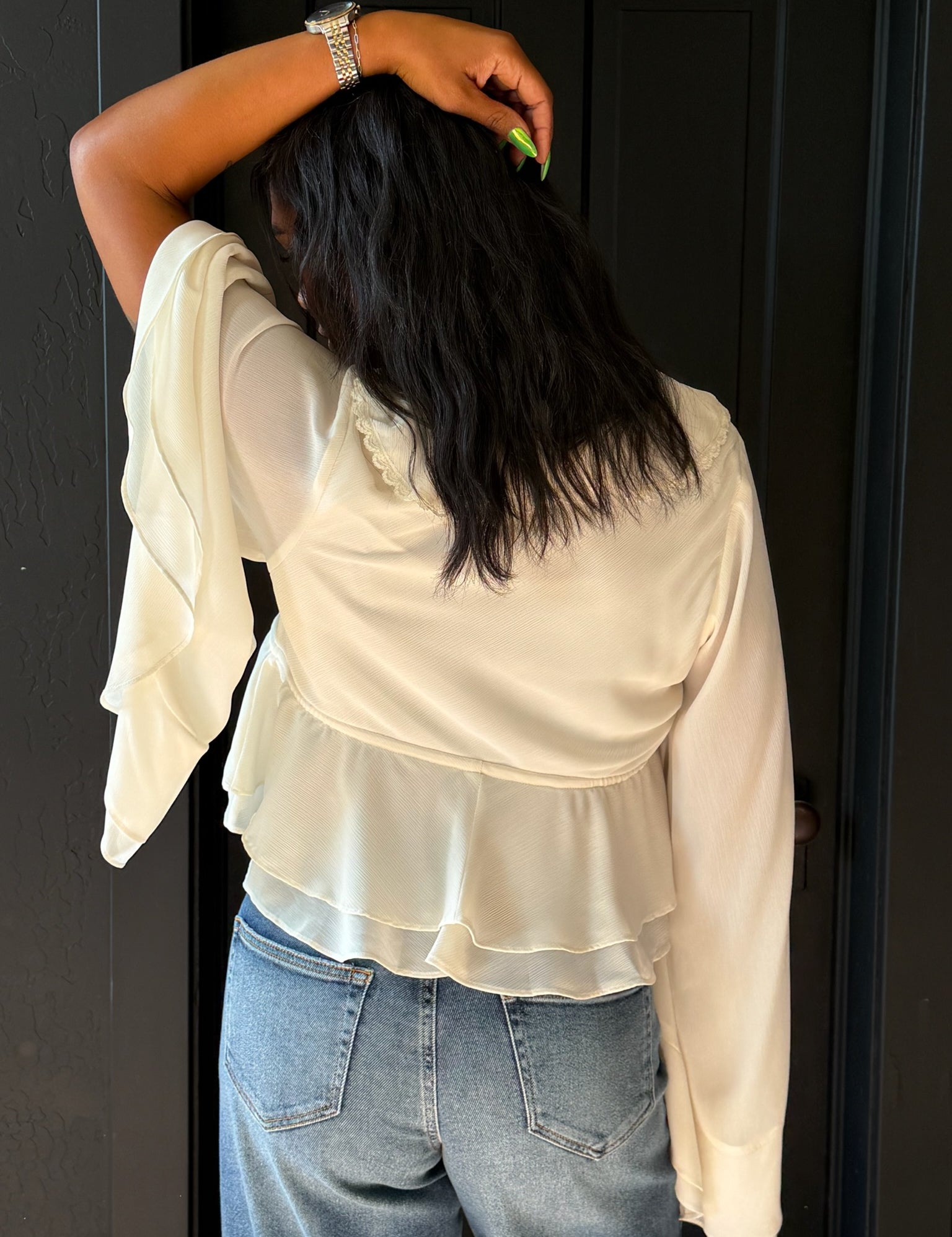 Yulia Cream Deep V Neck Ruffle Long Sleeve Top