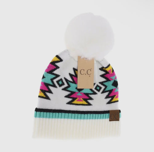 Southwestern Faux Fur Pom C.C Beanie
