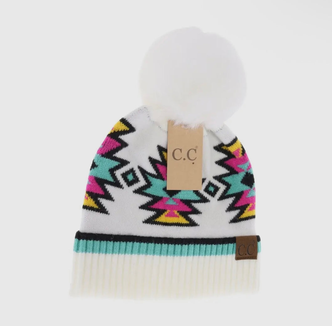 Southwestern Faux Fur Pom C.C Beanie