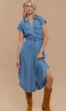 Giselle Chambray Collared Button Down Belted Midi Dress