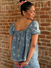 Kimora Floral Print Bubble Sleeve Denim Tunic Top