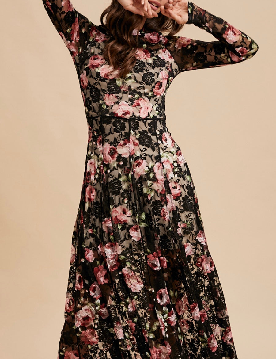 Alexa English Rose Floral Mesh Mock Neck Maxi