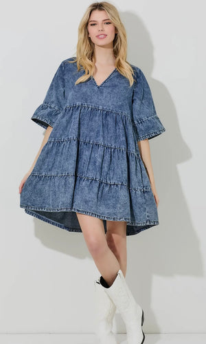Emma Denim V Neck Baby Doll Mini Dress