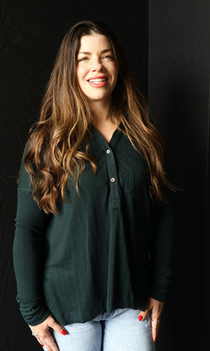 Ozias Hunter Green Ribbed Long Sleeve Henley Top