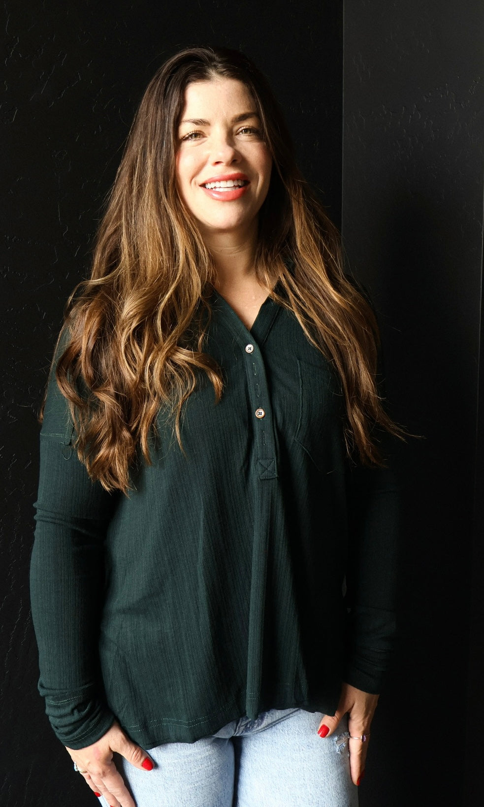 Ozias Hunter Green Ribbed Long Sleeve Henley Top