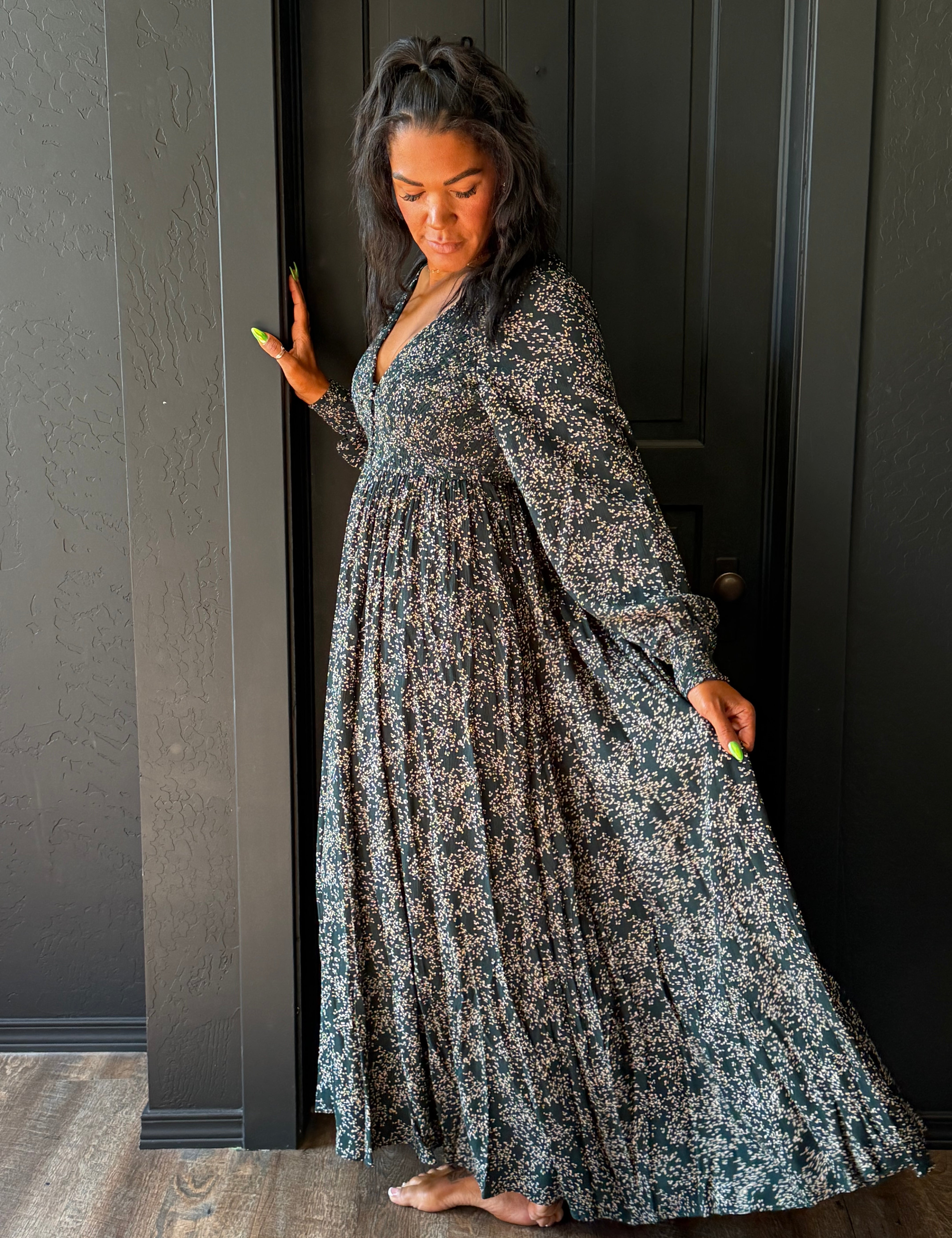 Magnolia Dark Forest Green Smocked Floral Maxi Dress