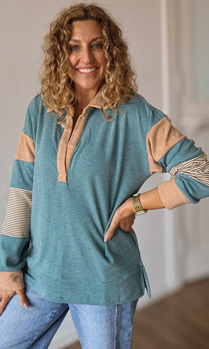 Mae Green Brushed Jersey Stripe Mixed Color Block Pullover