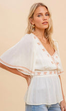 Abran Ivory Embroidered Smocked Back Shirt Top