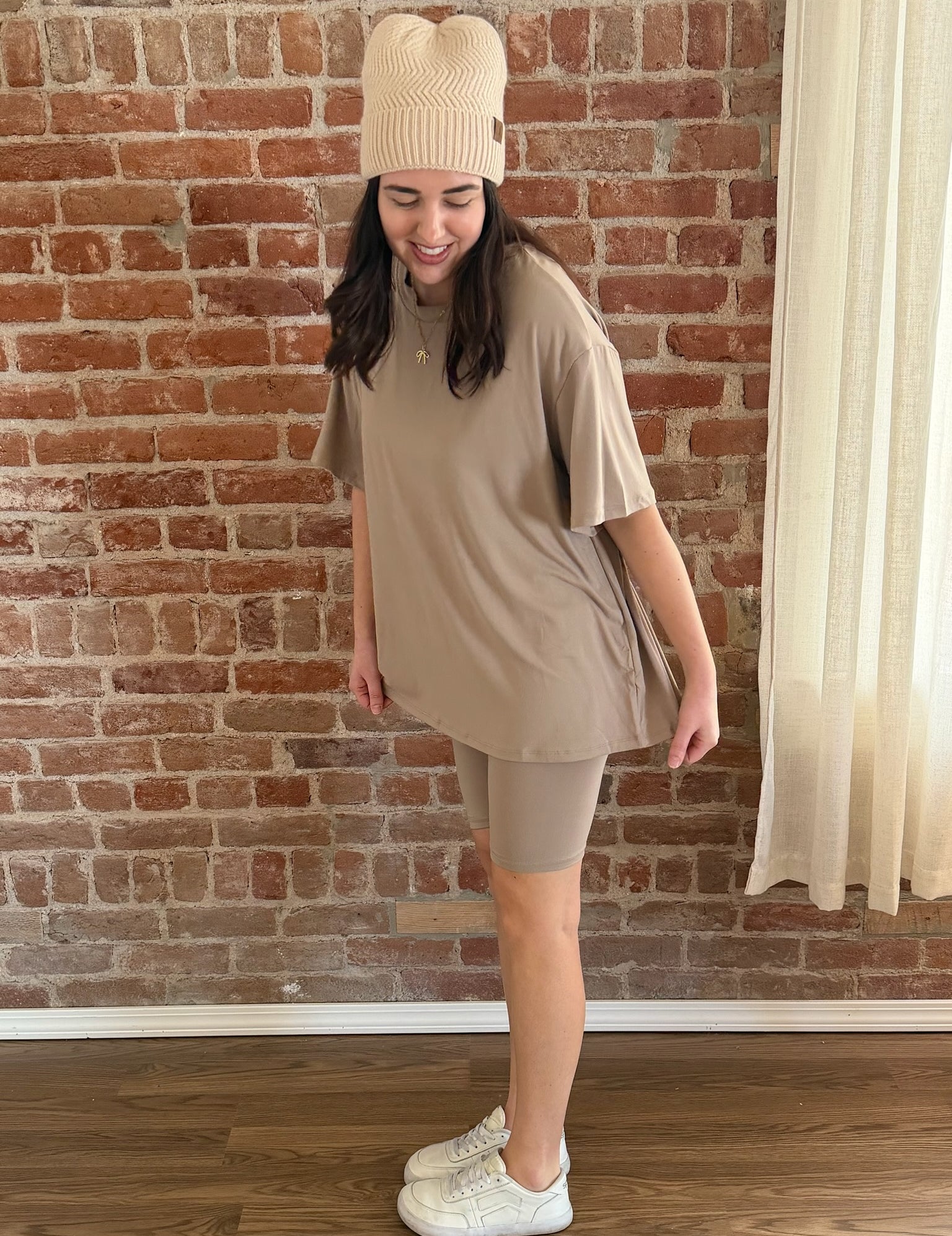 Harvey Taupe Loose Fit Top & Bike Shorts Set