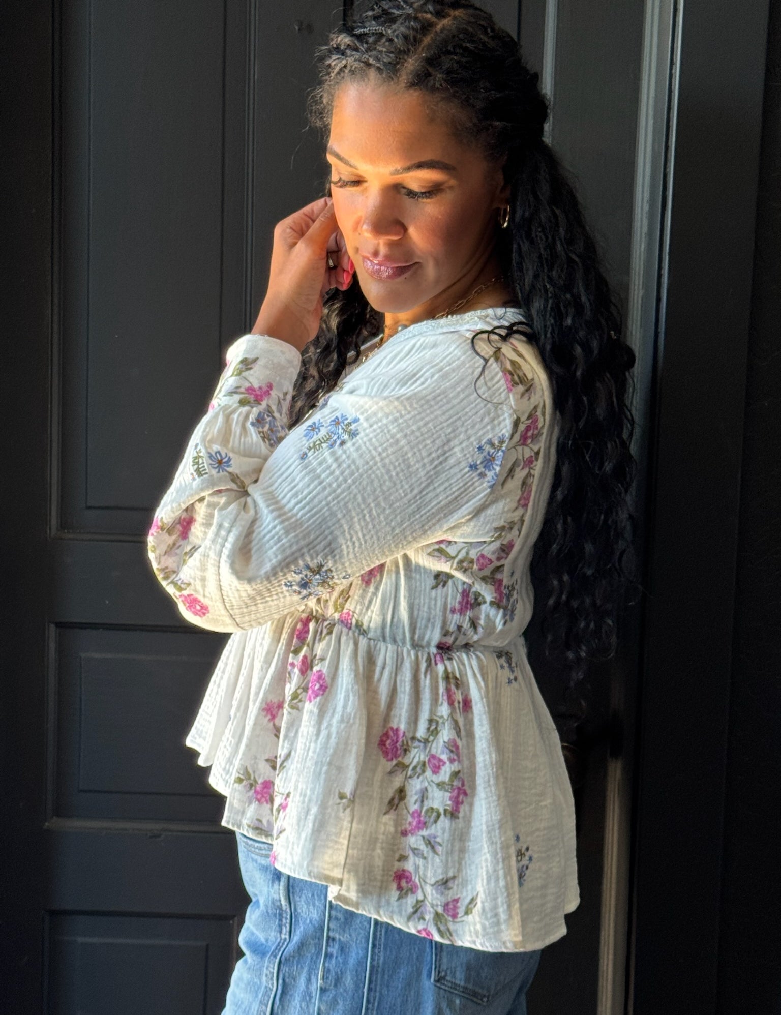 Lily Embroidery Mixed Print Blouse