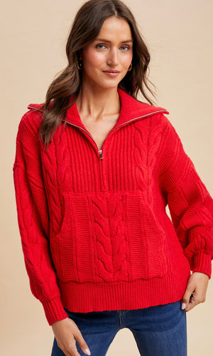 Lyam Red Chunky Cable Knit Half Zip Sweater
