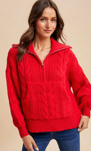Lyam Red Chunky Cable Knit Half Zip Sweater
