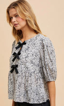 Delaney White and Black Bow Accent Floral Top With Puff Sleeves