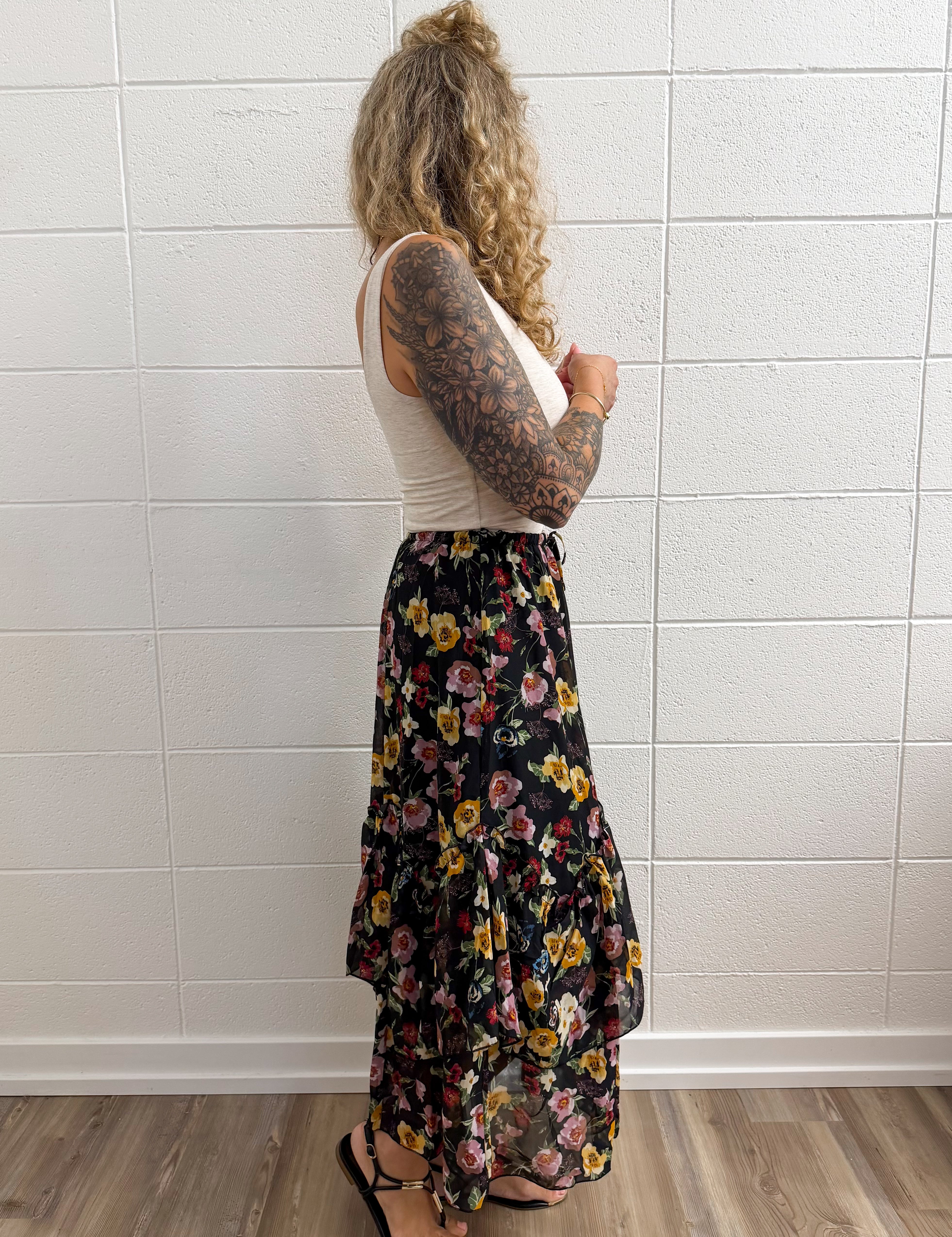 Luis Floral Print Chiffon Tiered Midi Skirt