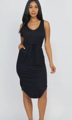 Hollie Black Drawstring Sleeveless Midi Dress