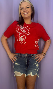 Hallie Red Short Sleeve Flower Top