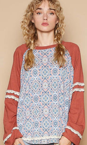 Diana Red Round Neck Long Sleeve Printed Knit Solid Top