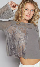 Alaina Iron Grey Lace Crochet Long Sleeve Top