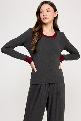 Miguel Charcoal Long Sleeve Top with Contrast Collar